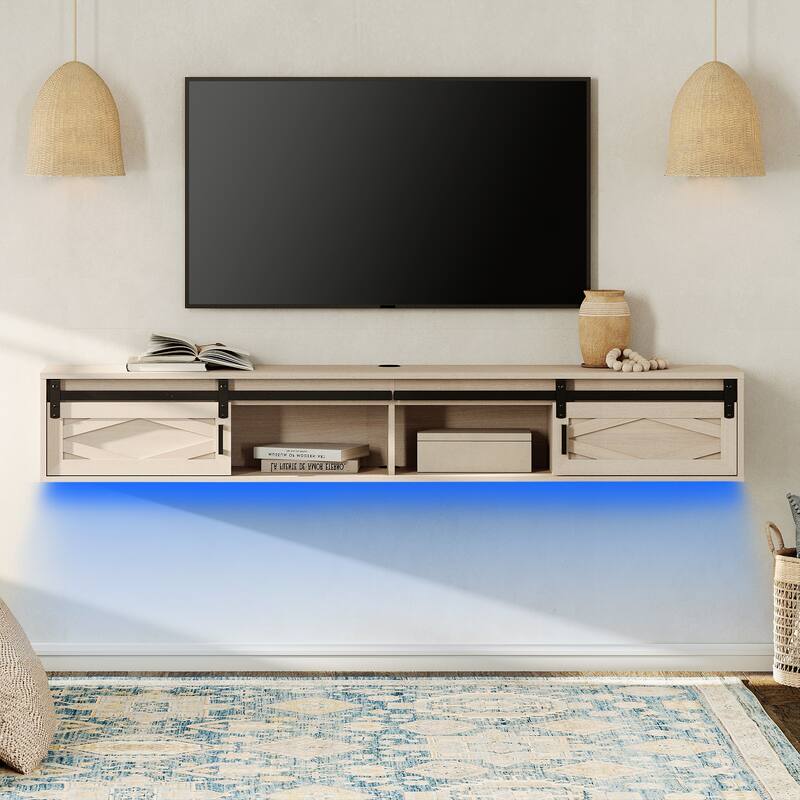 Sliding Barn Door Floating TV Stand with Charging Station - Natural