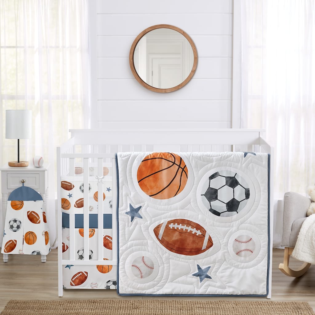 Sweet Jojo Designs 6p Crib Bedding + BreathableBaby Breathable Mesh Liner Sports Theme Boy Watercolor Balls Star