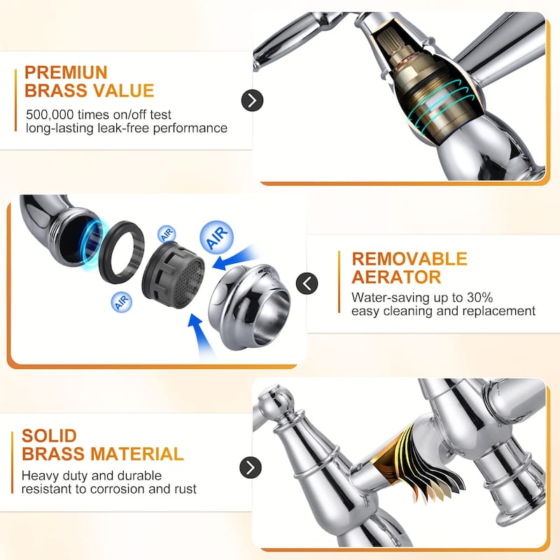 WOWOW 4 Hole Double Handle Bridge Kitchen Faucet with Side Sprayer