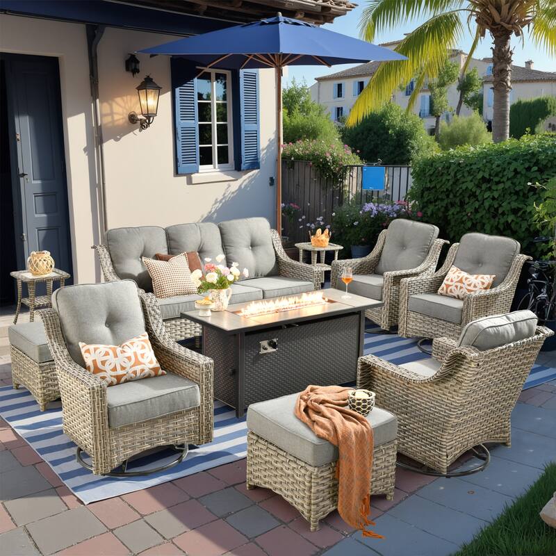 HOOOWOOO 10-piece Wicker Outdoor Patio High Back Swivel Chair Set with Fire Pit