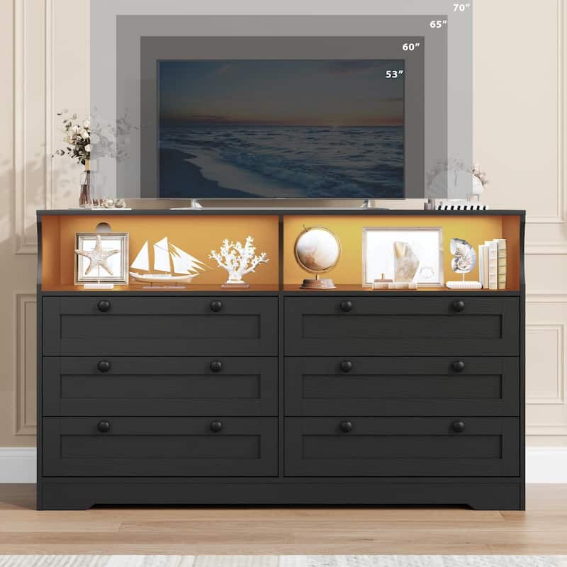 6 Drawer Dresser for Bedroom, 55" Wood Chest of Drawers with Charging Station, LED Lights and 2 Storage Compartments - Black