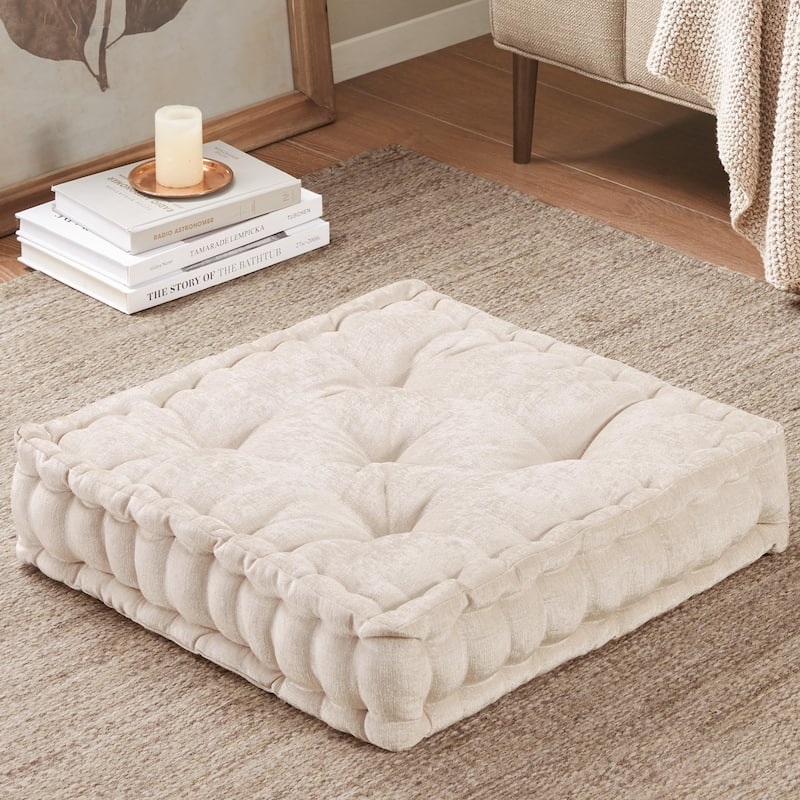Intelligent Designs Charvi Poly Chenille Square Floor Pillow Cushion - Ivory