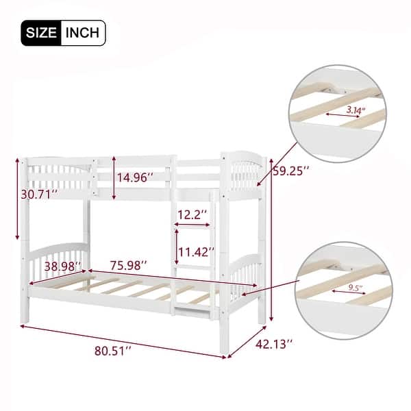 dimension image slide 1 of 2, Twin Over Twin Bunk Bed with Ladder & Guardrail, Solid Wood Bedframe