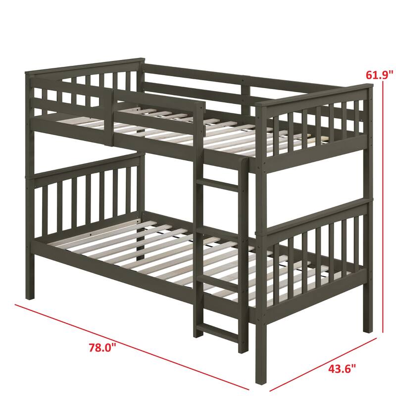 Clayfell Ames Twin Over Twin Solid Wood Bunk Bed Frame, Convertible, Sturdy Guardrails, Easy Assembly