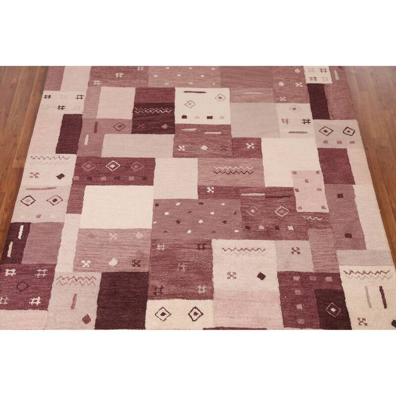 Geometric Modern Indian Area Rug Handmade Purple Wool Carpet - 5'3" x 7'7"