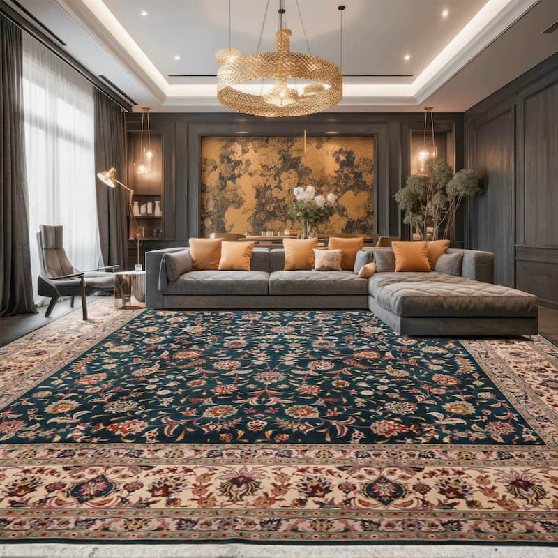 Hand Knotted Teal Persian Wool & Silk Traditional Oriental Area Rug - 10' x 13' 4''