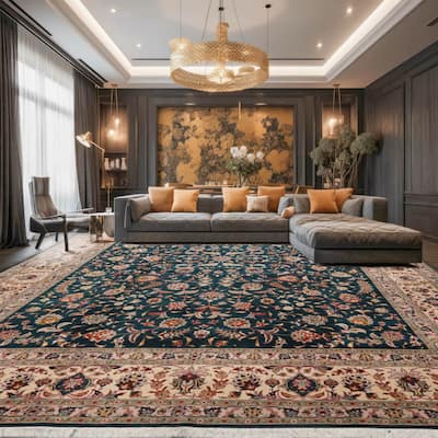 Hand Knotted Teal Persian Wool & Silk Traditional Oriental Area Rug - 10' x 13' 4''