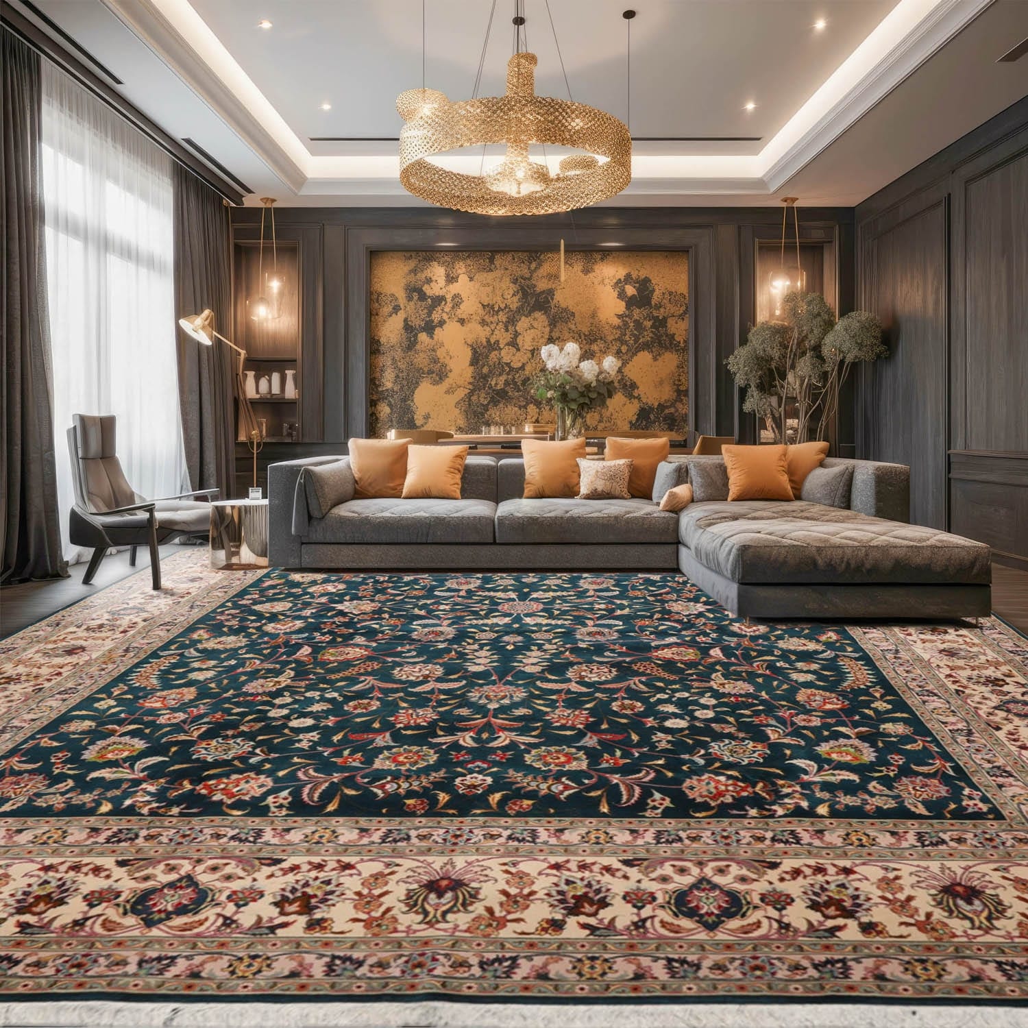 Hand Knotted Teal Persian Wool & Silk Traditional Oriental Area Rug - 10' x 13' 4''