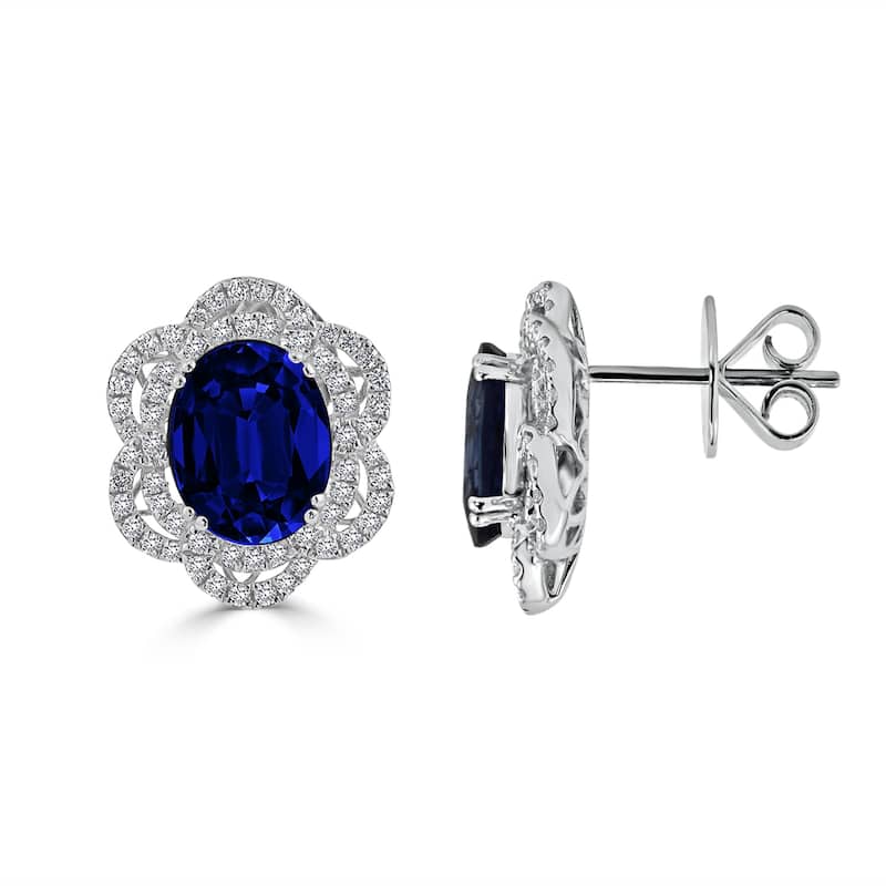 Auriya Vintage Inspired 6 9/10ct Blue Sapphire Oval and 5/8ct Diamond Halo Stud Earrings 18k Gold