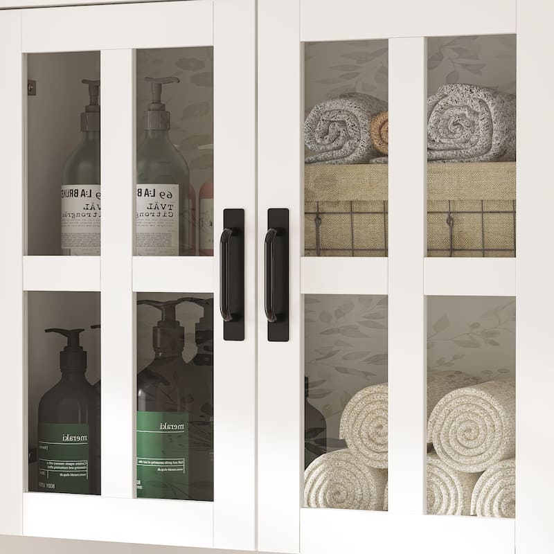 Modern Bathroom Cabinet Freestanding Storage Cabinet with Glass Doors & 3 Drawers