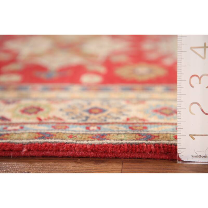 Red Geometric Kazak Accent Rug Handmade Oriental Wool Carpet - 2'11"x 4'3"