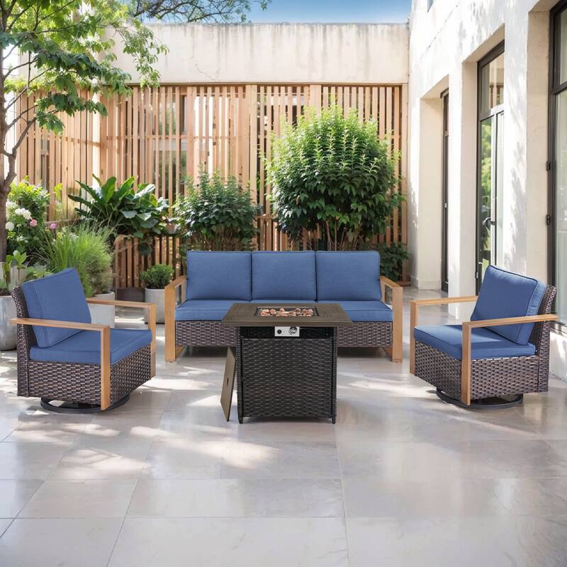 Pocassy Outdoor 30" Fire Pit Table with Sofa Swivel Chair Set - Brown Wicker Blue Cushion - 4-Piece Sofa Swivel Chair with Fire Table
