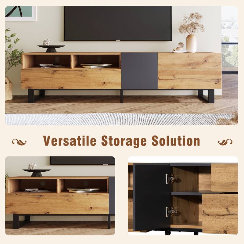 Modern TV Stand, for TVs Up to 80 Inches with Open Shelving, 2 Drawers and Drop-Down Door, for Living Rooms and Bedrooms