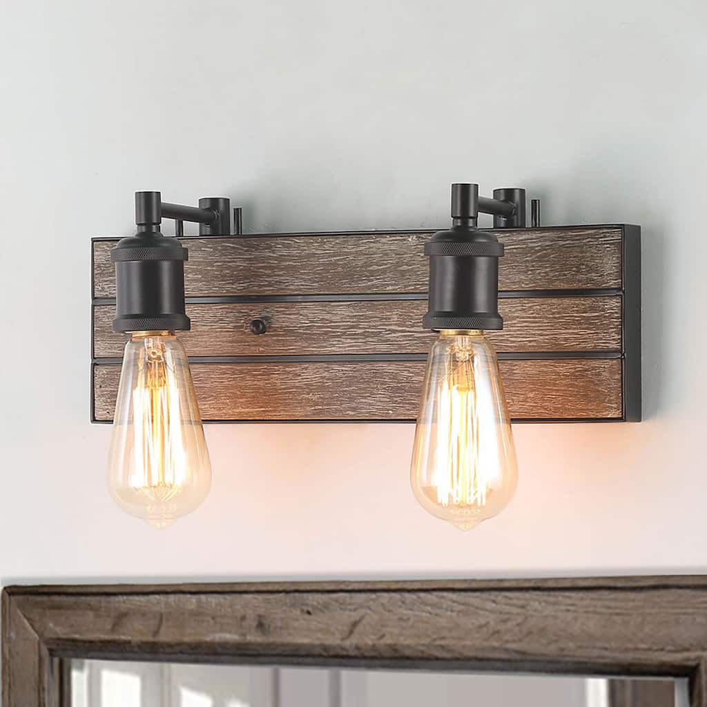 Carbon Loft Rustic 2-Light Wood Wall Sconces Bathroom Vanity Lights - W14.2"* H 5.8"* E 5.1"