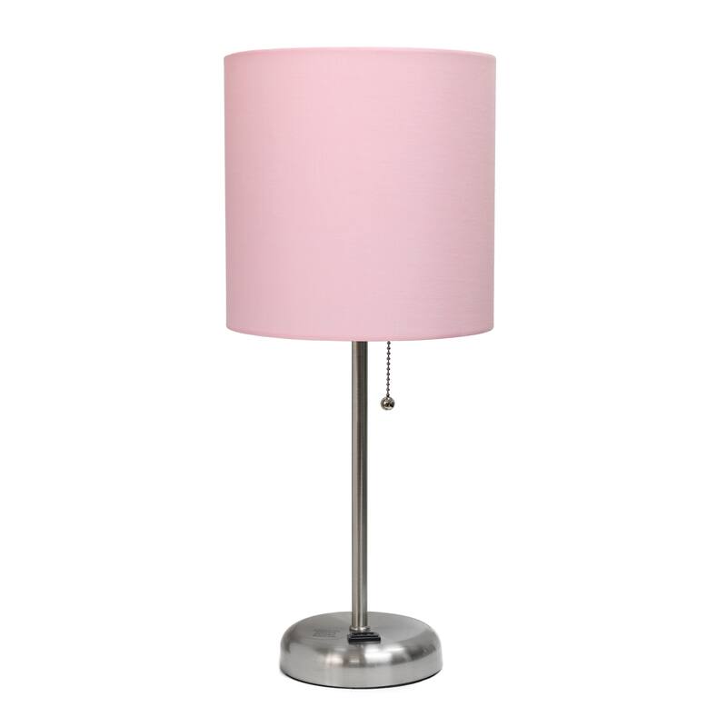19.5" Power Outlet Metal Lamp in Steel w Aqua Shade - Brushed Steel/Light Pink Shade