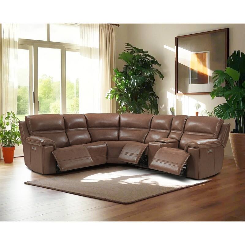 121" W Genuine Leather Dual-Power Sectional Sofa with Two Consoles, Zero Gravity, UsB & Type-c Ports and1 Power armless chair - LightBrown
