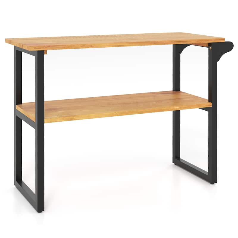 2-Tier Teak Wood Storage Shelf with Towel Holder for Bathroom Entryway or Living Room Decor - 40" x 15.5" x 28"
