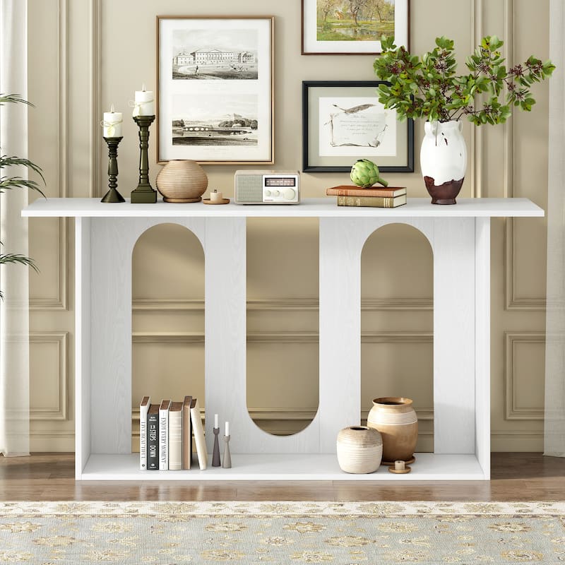 Roomfitters Modern Console Table with Arch Cutout Design, Ash Veneer Entryway Accent Table with Shelf - White