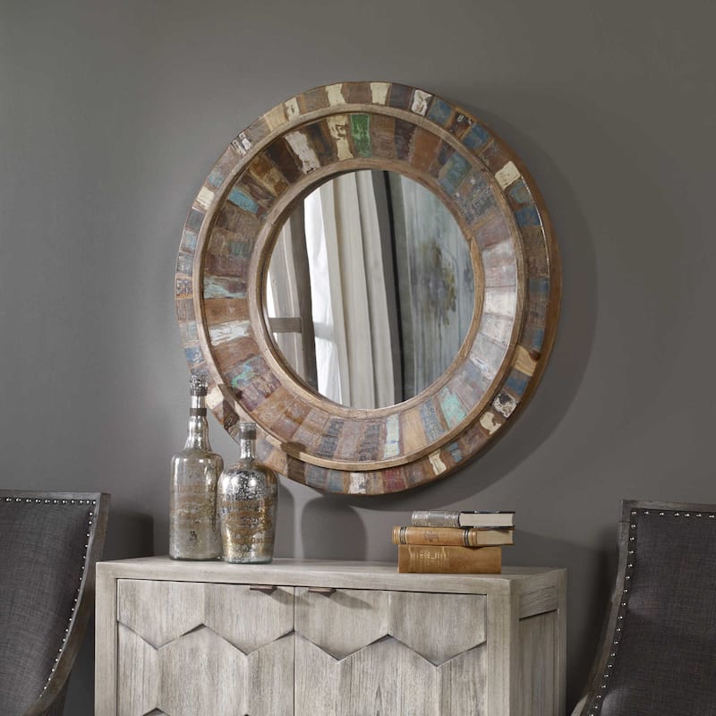 Uttermost Jeremiah 32" Round Rustic Coastal Farmhouse Wall Mirror - Wood