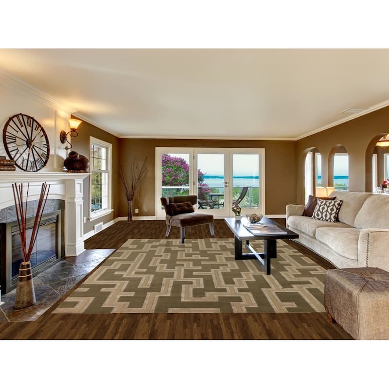 Green Geometric Nepalese Modern Area Rug Hand-Knotted Wool Carpet - 9'0" x 11'9"