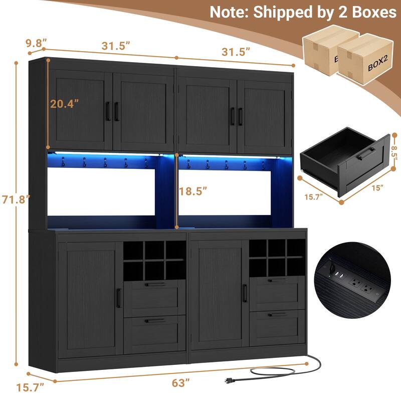 Farmhouse 72" Tall Kitchen Pantry Cabinet with Charging Station, Coffee Bar Cabinet with Hutch and LED Light