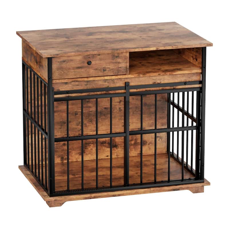 Wooden Dog Kennel Furniture Dog Crate Furniture with Drawer and Solid Wood Top, Side Storage Compartment
