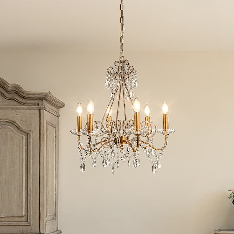 4/6-Lights Vintage Small Candlestick Crystal Chandelier in Antique Gold - W22''