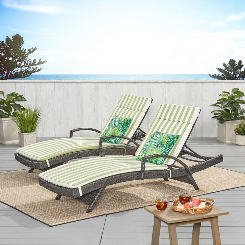 Vilano Outdoor Cushioned Lounge Chair (Set of 2) by Christopher Knight Home - Grey/Green White Stripe