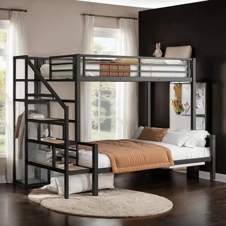 Twin over Full Size Metal Bunk Bed with Wardrobe, Black