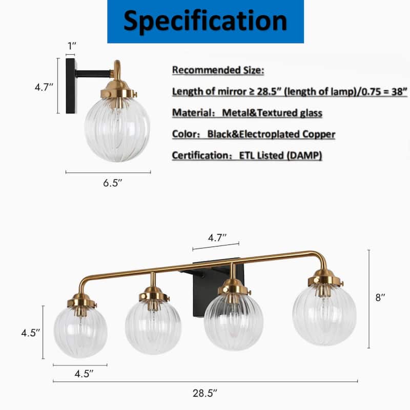 2/3/4-Light Black Gold Bathroom Vanity Light Modern Ribbed Glass Wall Sconces