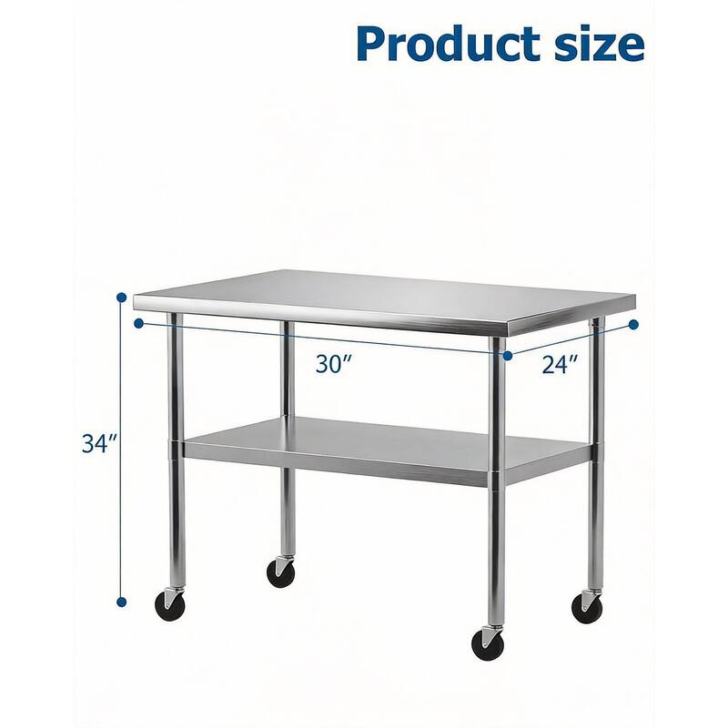 Heavy Duty Stainless Steel Work Table, with Wheels and Adjustable Bottom Shelf