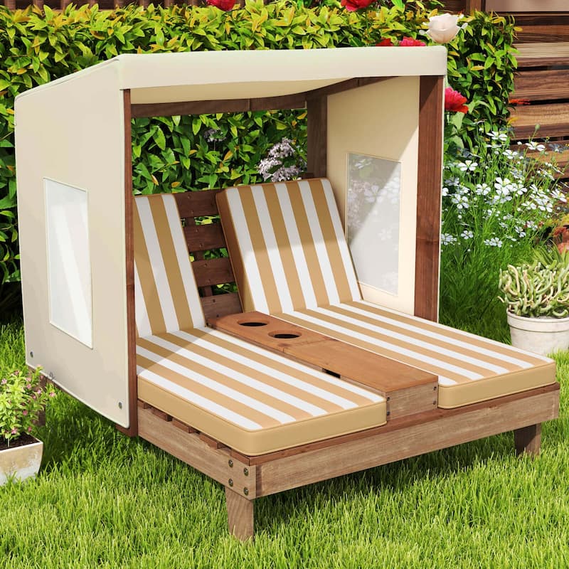 Costway Kids Double Chaise Lounge Patio Lounge Chair with Cup Holders - Brown