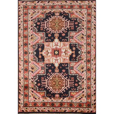 Hand Knotted Oriental 100% Wool Carpet Traditional Geometric Navy Blue & Blues Heriz (serapi) Area Rug - 5' 10'' X 3' 11''