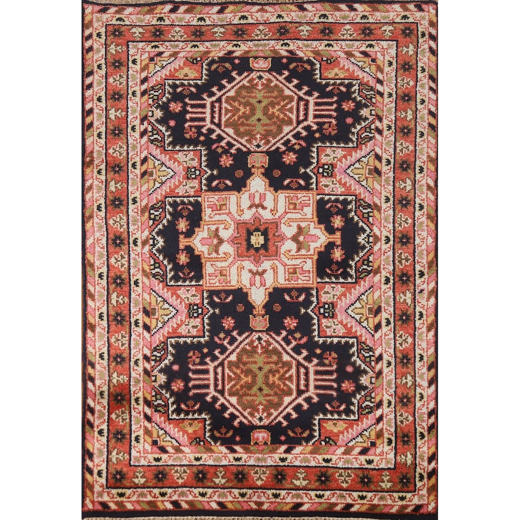 Hand Knotted Oriental 100% Wool Carpet Traditional Geometric Navy Blue & Blues Heriz (serapi) Area Rug - 5' 10'' X 3' 11''
