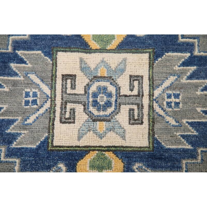 Hand Knotted Oriental 100% Wool Carpet Traditional Geometric Greys & Charcoal Kazak Area Rug - 9' 10'' X 6' 8''