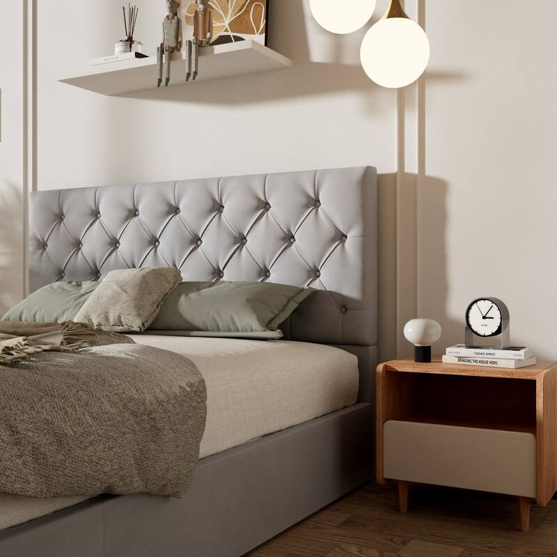 Plywood Frame Upholstered Platform Bed with Lift-up Storage Supported by Metal and Wooden Slats