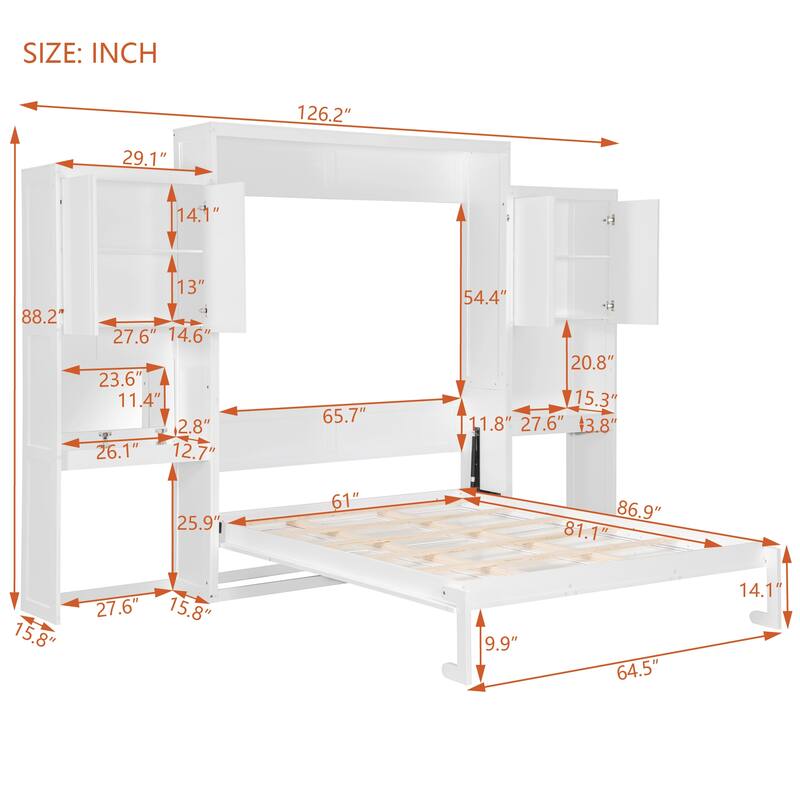 Queen Size Murphy Bed with Desk, Flip-Up Vanity & Cabinets, Space-Saving Wall Bed with Storage for Bedroom & Guest Room