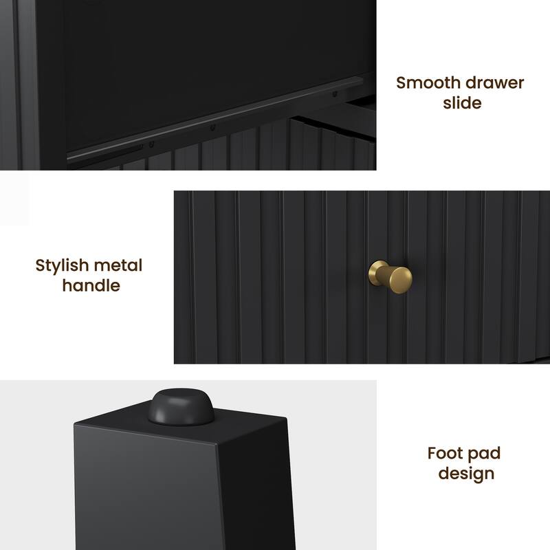Fluted Nightstand with 2 Drawers and Storage Shelf, Ideal for Bedroom, Living Room, Black