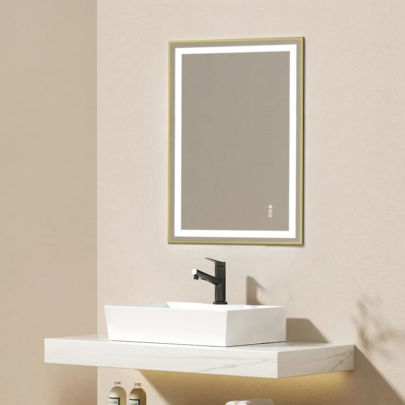 Topcraft Gold Framed Tempered Glass Mirror with Dual LED Strip Lighting
