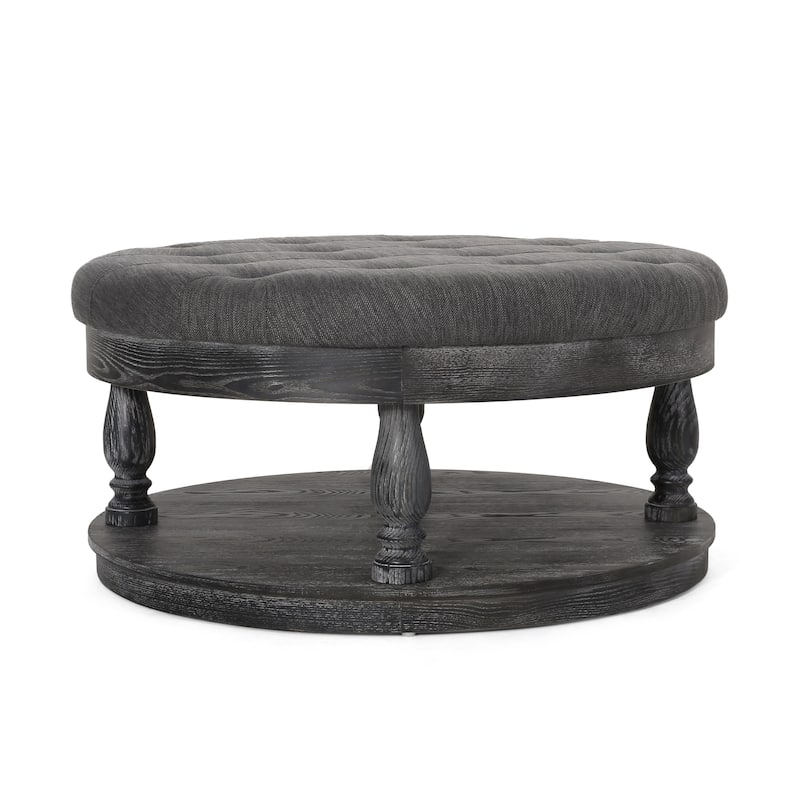 Sanya Ottoman Table, Dark Gray Fabric, Black Wood, Round 40 Inch