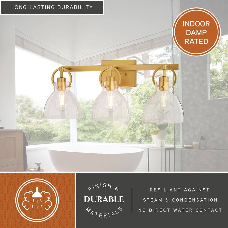Ogden 3-Light 25.5 in. W Gold Bathroom Vanity Lighting Fixture, Clear Glass Shade, Dimmable, LED Compatible, Wall Mount
