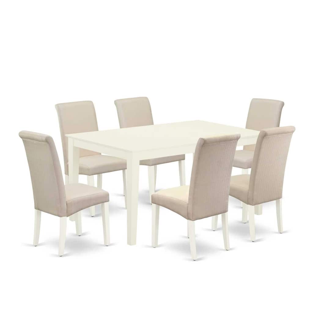 HomeStock 7-Piece Rectangle Linen White Finish Solid Wood Top Dining Table with 6 Parson Chairs with Lattice Back