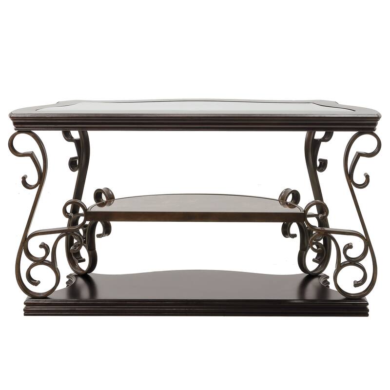 Rustic Sofa Table with Glass Table Top and Powder Coat Finish Metal Legs