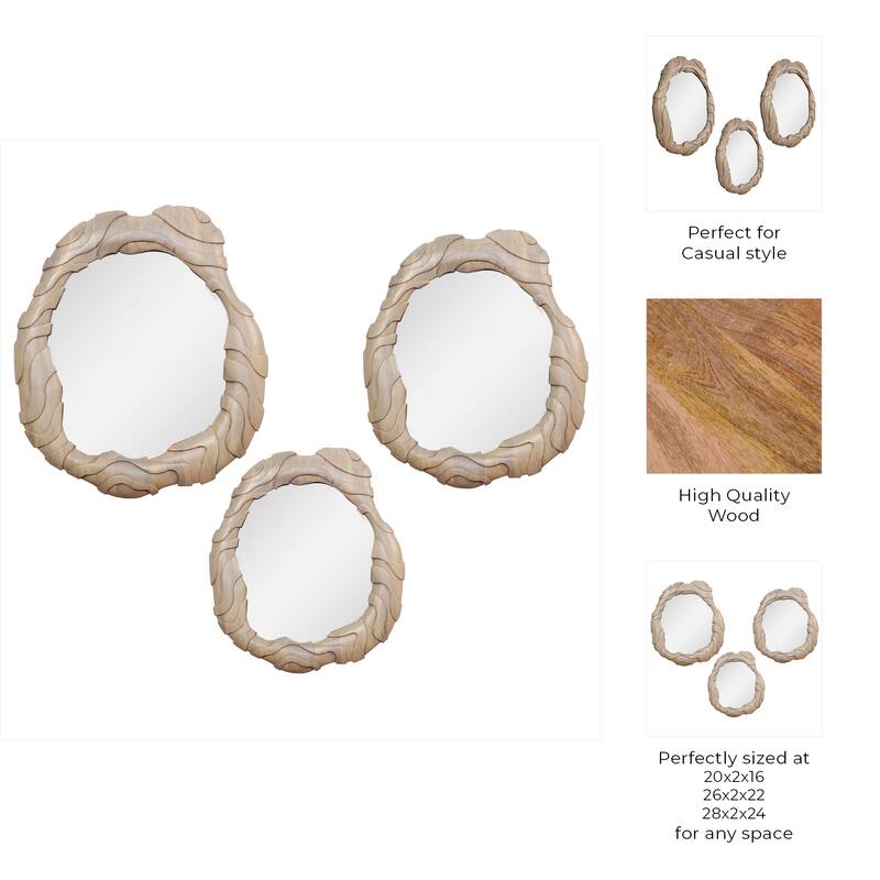 Wood Mirrors Hand-Carved Organic Frames (Set of 3) - 24/22/16" Brown - 28" x 2" x 24"