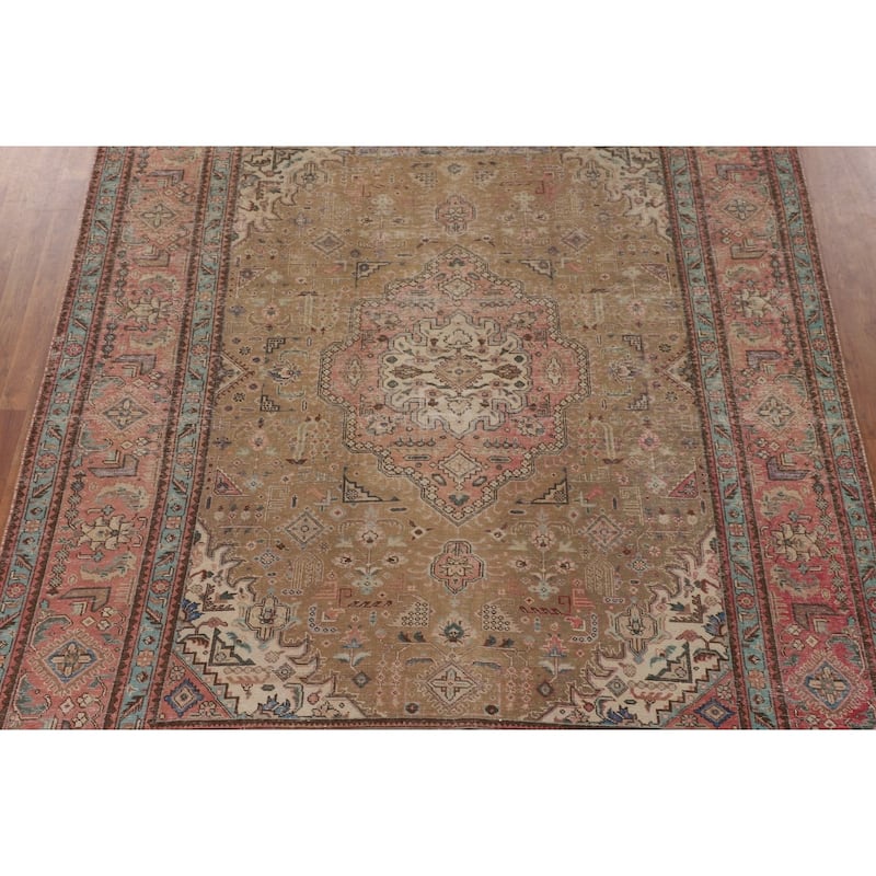 Distressed Gold Tabriz Persian Vintage Rug Handmade Wool Carpet - 8'3"x 10'8"