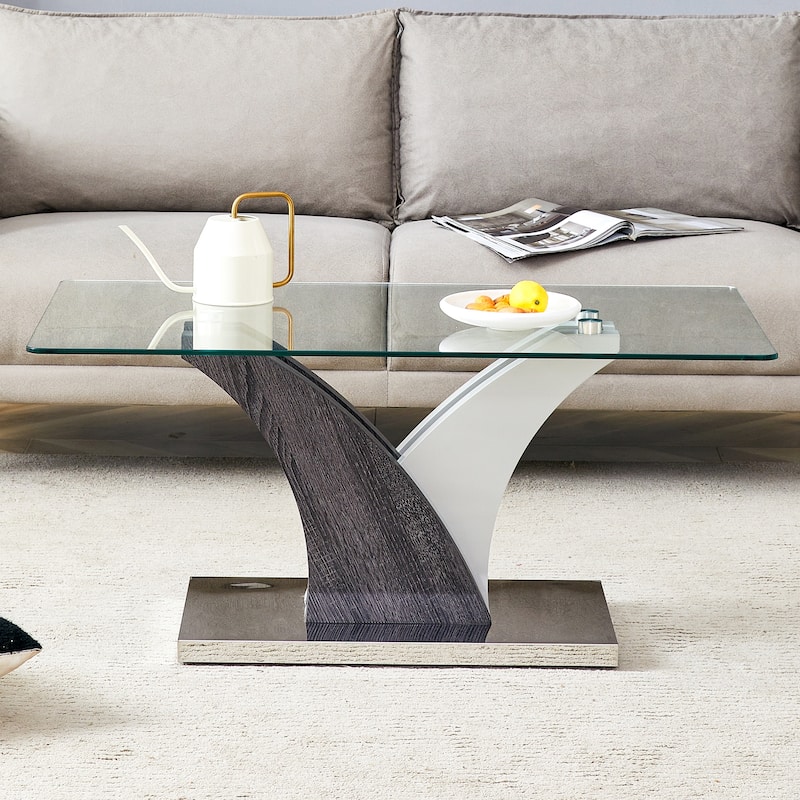 39.4" Modern Rectangular Coffee Table with Tempered Glass Countertop and Artistic MDF Legs