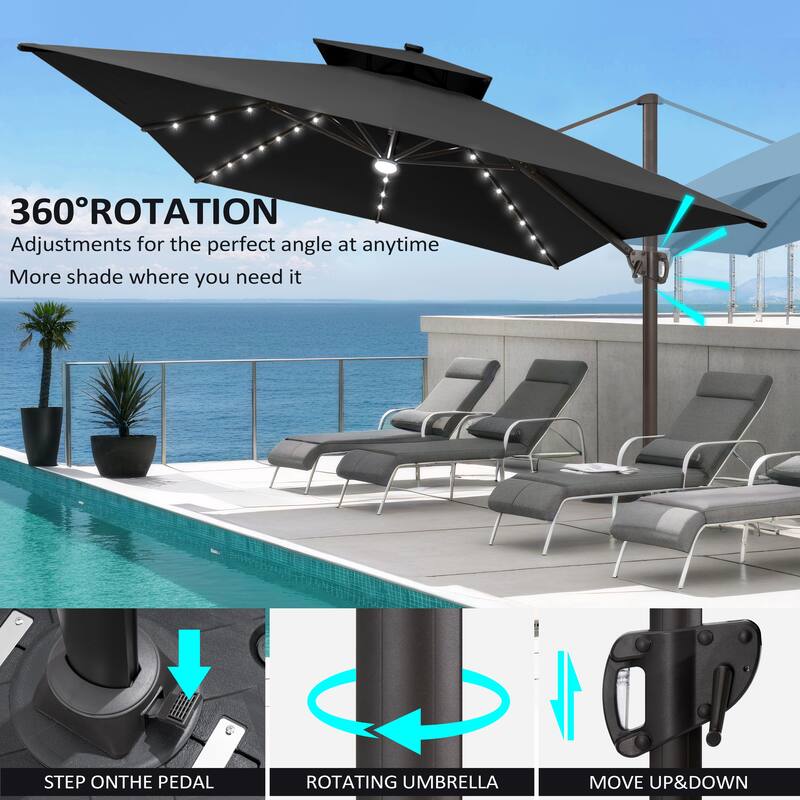 10 X 13 FT Outdoor Patio Cantilever Umbrella with Solar Lights 4-Piece Premium Base Double Canopy 360 Rotation Tilt