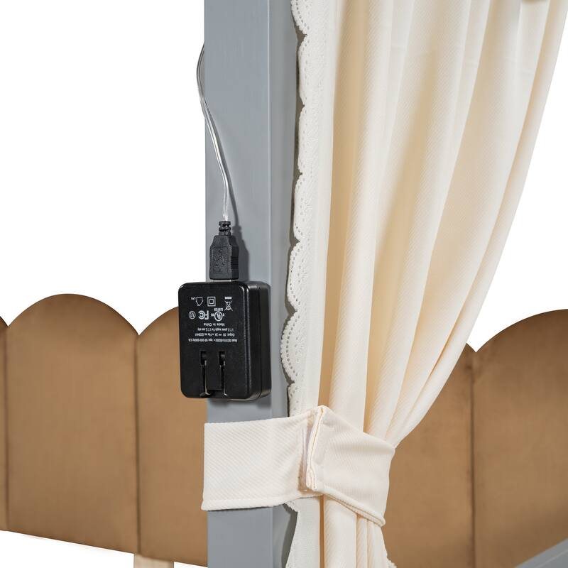 Wood Twin Size Bed Frame with Arched Roof, Floor Bed with Light and Curtain, Pull-out Kids Bed for Girls Boys Bedroom