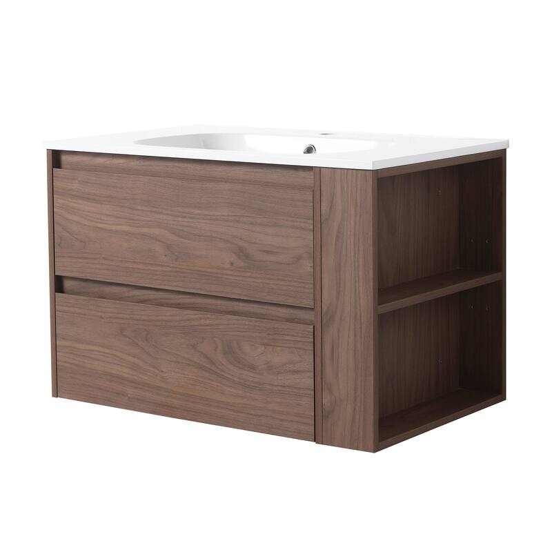30 Inch Wall Mounted Plywood Bathroom Vanity Set with Integrated Resin Basin and Drawer