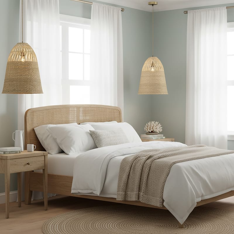 Willa 1-Light Rattan Bell Pendant, Coastal Boho - Handwoven - 16" Wide